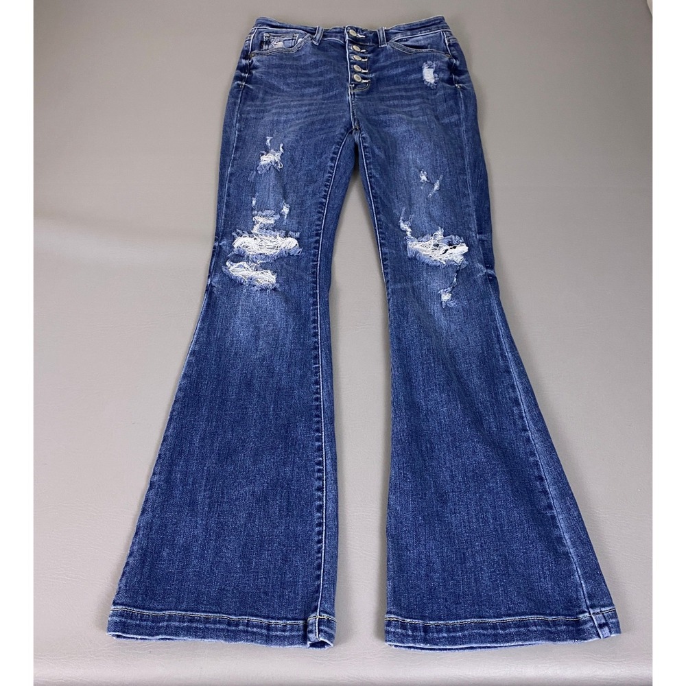 Judy Blue Trouser Flare Jeans Size 7/28 Blue Dark Wash Distressed Button Fly